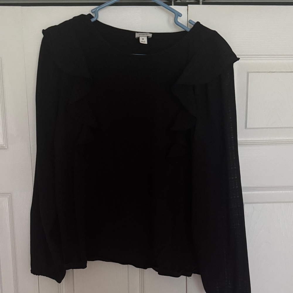 J. Crew Black Long-Sleeve Ruffle Shoulder Top
